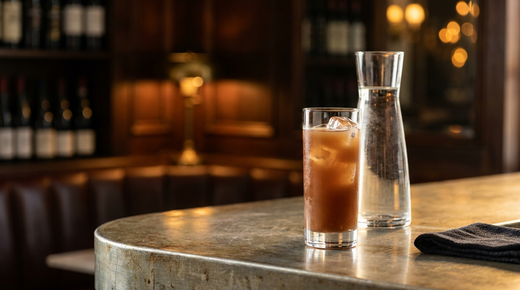 Verre à pastis droit rempli d'une boisson trouble brun-roux avec des glaçons, carafe d'eau fraîche à côté, sur un comptoir de zinc patiné dans un beau bar en fin de journée