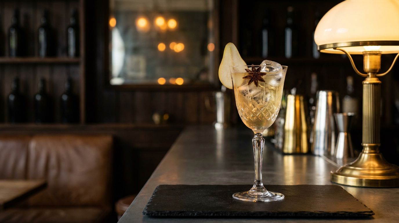 Verre à pied d'une boisson à la poire dorée pâle sur glace, badiane en surface et lamelle de poire sur le bord, sur une ardoise noire au comptoir d'un bar