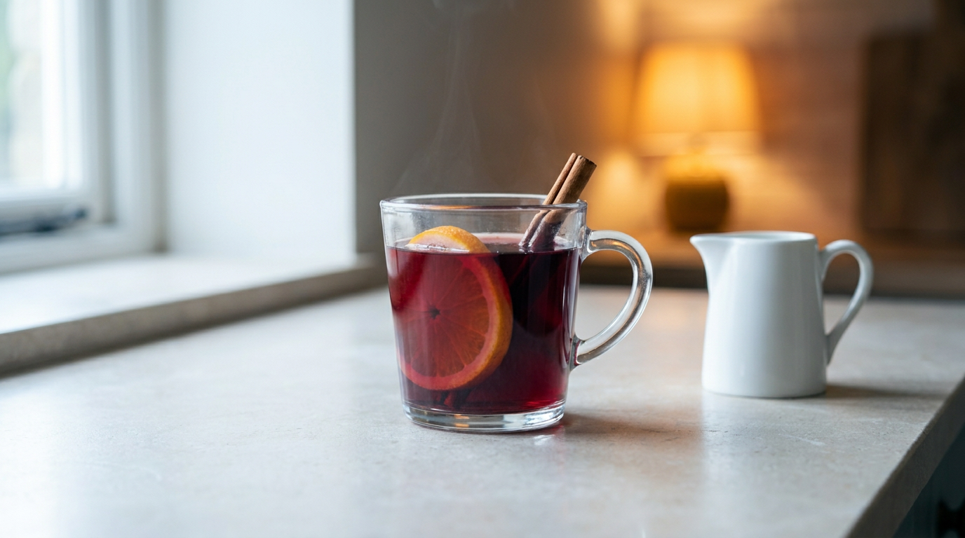 Vin chaud sans alcool au jus de raisin dans une chope en verre, sur un plan de travail en pierre claire