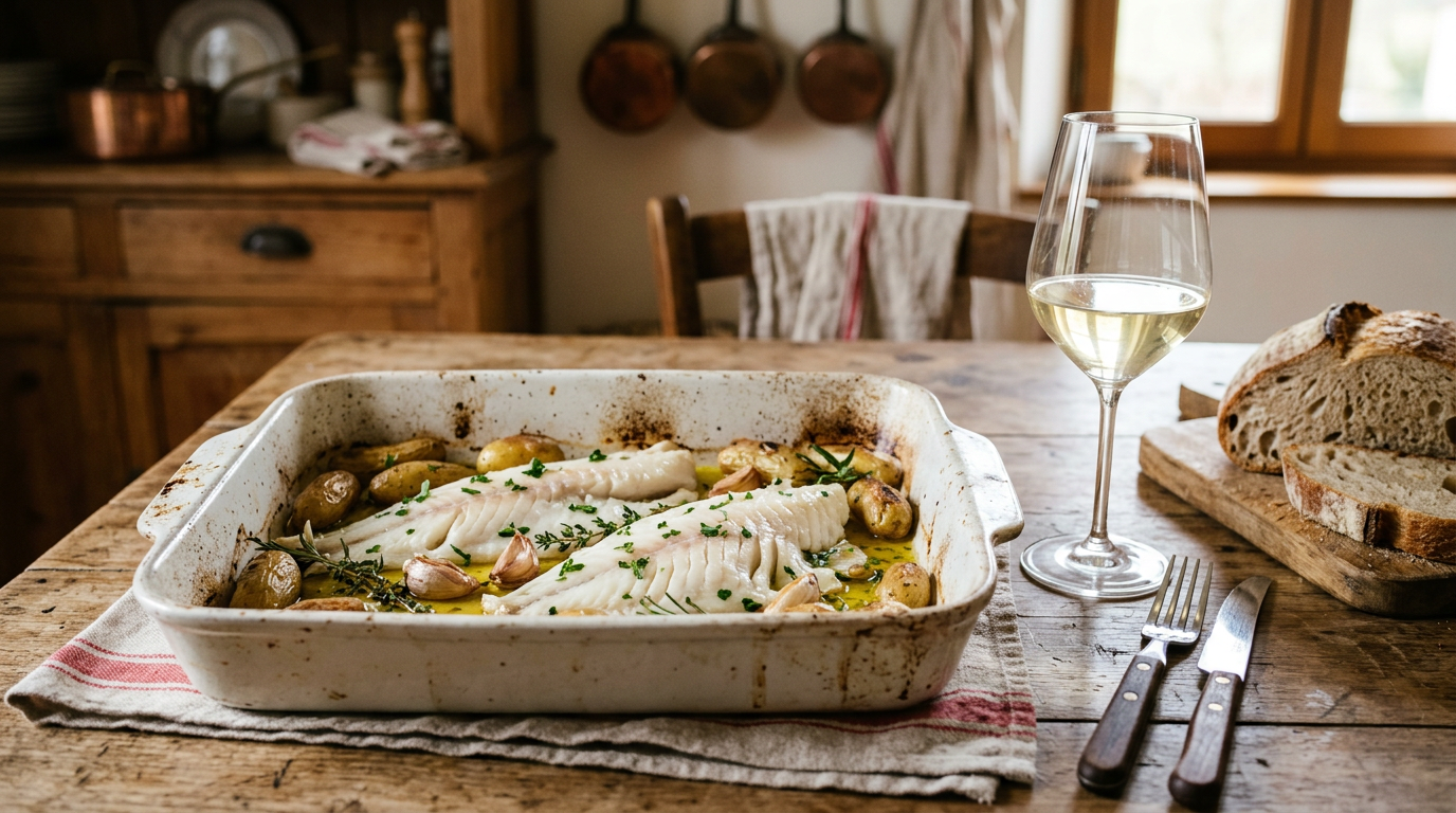 Dos de lieu jaune cuits à basse température en larges lamelles nacrées, pommes grenaille et jus au citron, avec un verre de vin blanc, dans un plat en faïence