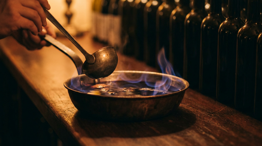 Casserole de vin chaud rouge fumant surmontée d'une flamme bleue basse et transparente, louche métallique tenue à la main juste au-dessus, comptoir de bois ciré sombre, lumière très basse