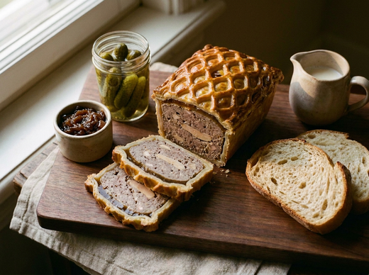 Pâté de lièvre en croûte doré à décor treillisé, tranché, farce marbrée au foie gras et liseré de gelée, cornichons et confiture d'oignons