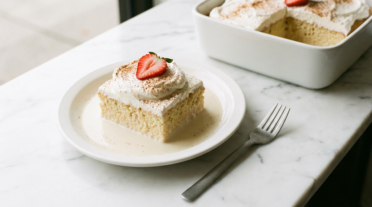 Part de gâteau tres leches, génoise imbibée de lait sous une épaisse couche de chantilly et de cannelle, fraise, le reste du gâteau dans un plat blanc, marbre, fourchette à plat