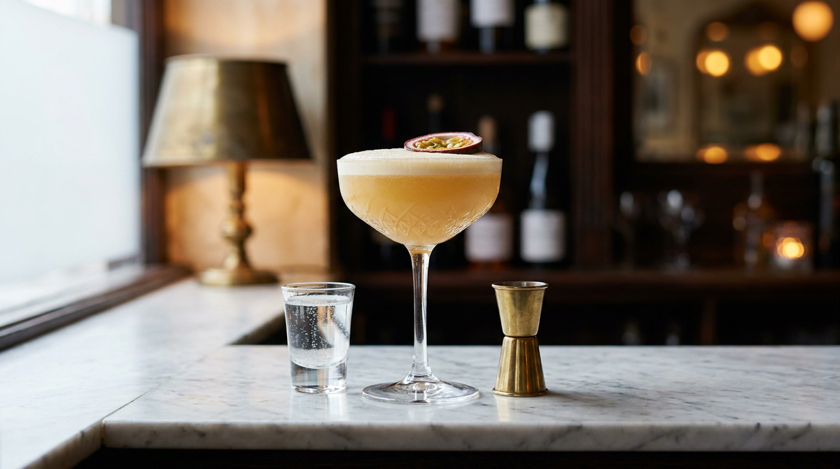Porn Star Martini sans alcool dans un verre à cocktail, mousse pâle et demi-fruit de la passion, avec son petit verre de pétillant à côté