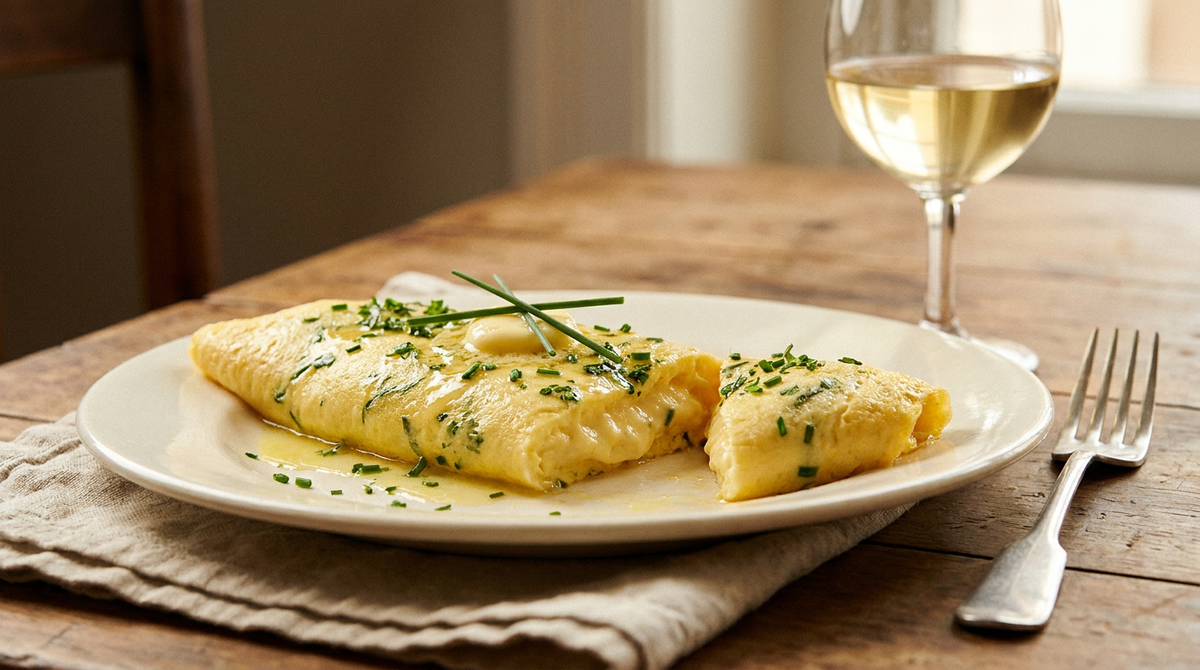 Omelette aux fines herbes roulée et baveuse, ciboulette et cerfeuil, table de bois, verre de vin blanc