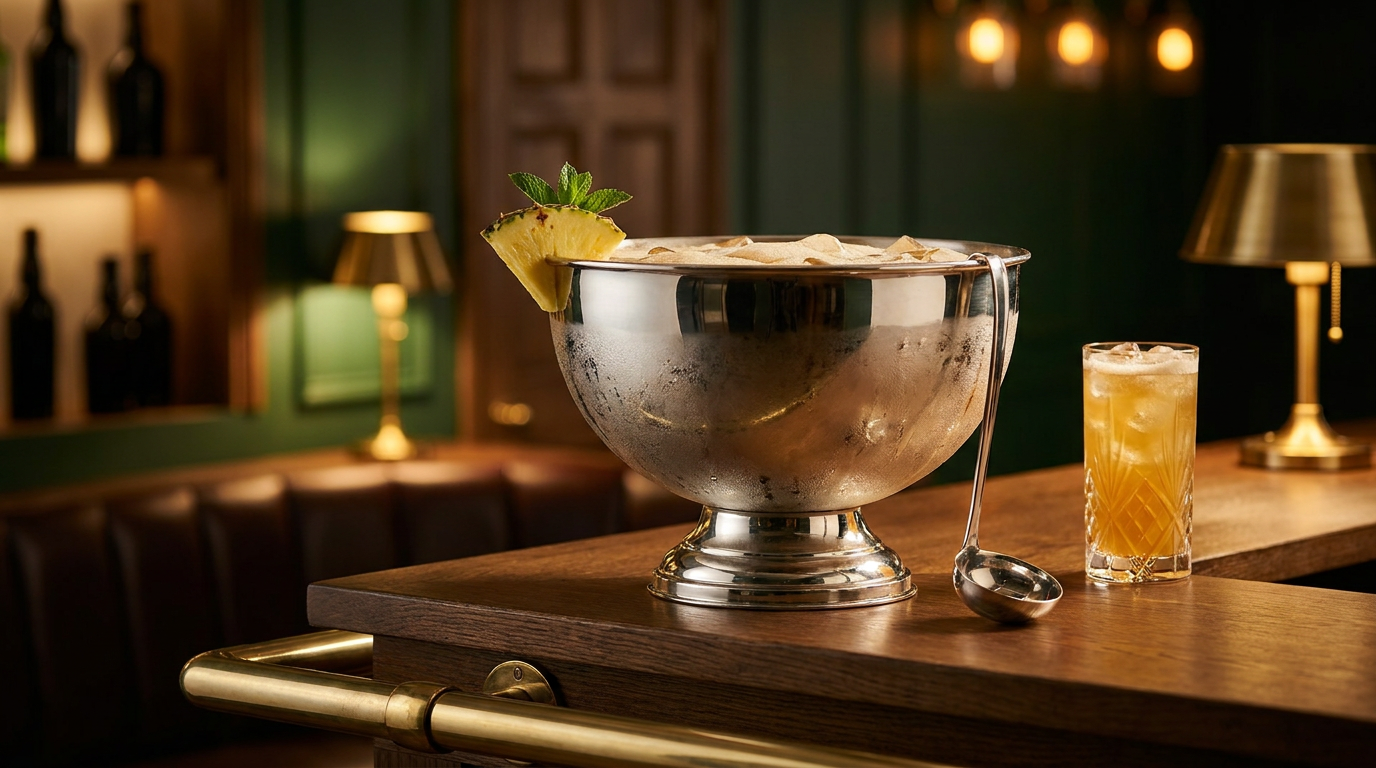 Bol à punch en argent rempli d'un punch tiki doré, quartier d'ananas et brin de menthe, louche en argent, sur un comptoir de chêne