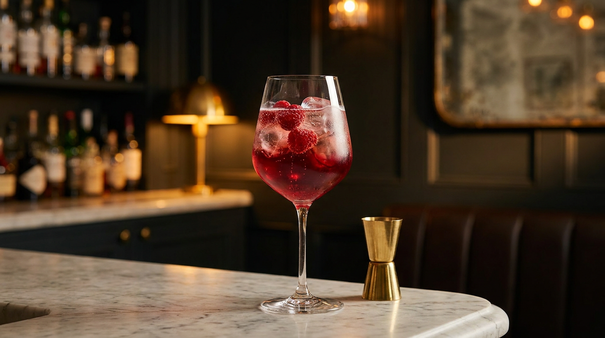 Spritz à la framboise rouge dans un grand verre à pied sur glace, framboises fraîches, comptoir en marbre de Carrare