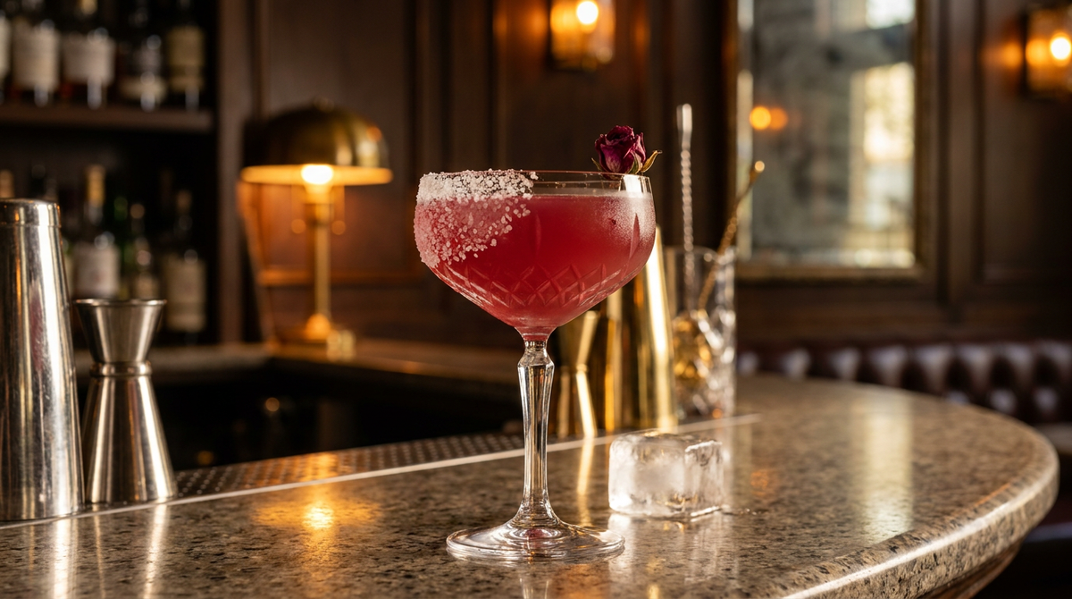 Margarita à l'hibiscus dans une coupe, bord salé et fleur séchée, granit gris chaud moucheté