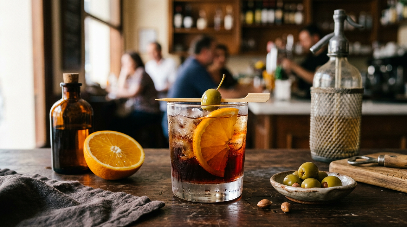 Verre bas rempli de glace et de vermouth rouge, demi-rondelle d'orange et olive verte sur un pique, siphon, coupelle d'olives et demi-orange sur un comptoir de bar