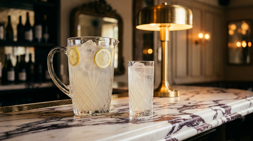 Pichet et verre de lemonade américaine jaune pâle sans bulles, rondelles de citron et glaçons, comptoir de marbre Calacatta Viola