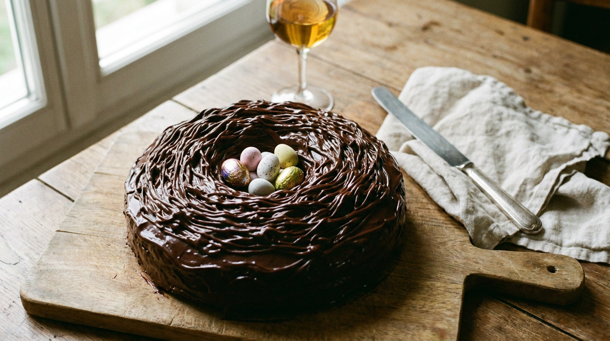 Nid de Pâques, gâteau au chocolat couvert de ganache striée à la fourchette et petits œufs en sucre au centre, planche de bois, verre de vin moelleux