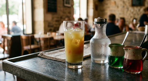 Verre à pastis droit sur un comptoir de zinc, rempli d'un liquide trouble aux reflets rougeâtres avec des glaçons, carafe d'eau embuée et deux petits pichets de sirop vert et rouge à côté