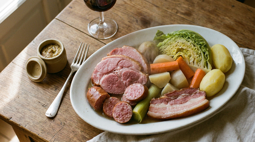 Grand plat ovale de potée lorraine, tranches de palette de porc rosées, rondelles de saucisse fumée, lard, quartier de chou fondant, pommes de terre, carottes, poireau, fourchette à plat, pot de moutarde, verre de vin rouge, table en bois