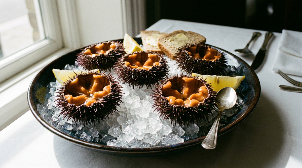 Oursins ouverts sur un lit de glace pilée, cinq langues de corail orange en étoile dans chaque coquille, citron, pain beurré et cuillère
