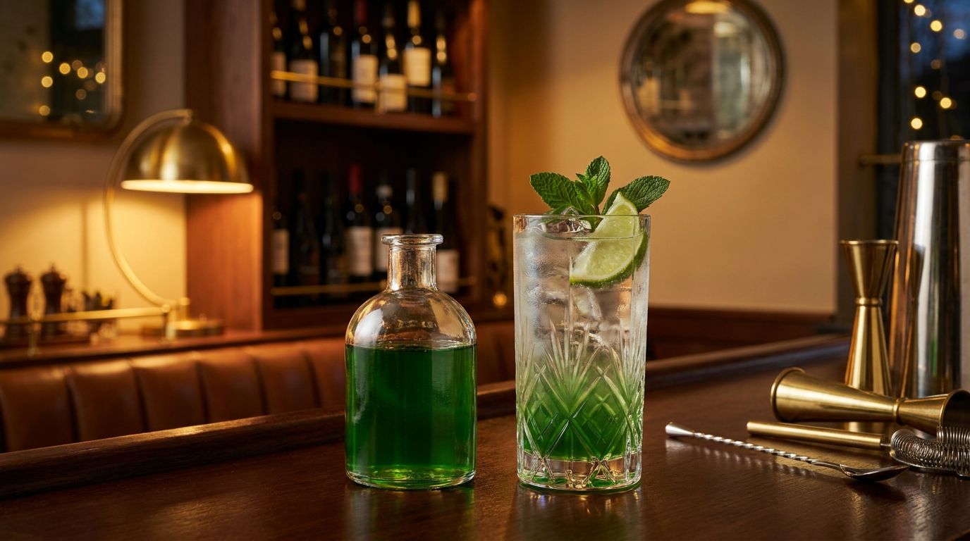Sirop de menthe maison en flacon et allongé dans un verre, feuilles de menthe, comptoir d'apothicaire en acajou