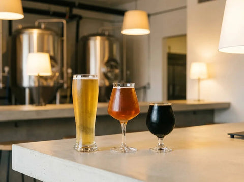 Lager dorée couverte de buée, ale ambrée légèrement fraîche et imperial stout noire sans buée, dans une brasserie artisanale moderne.
