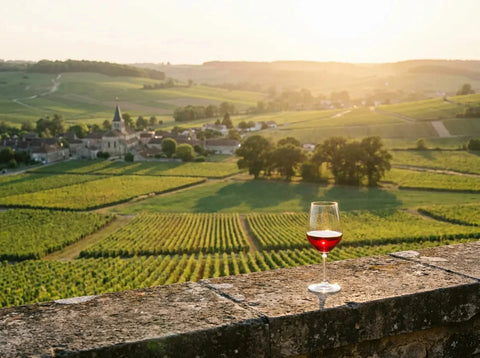Mosaïque de parcelles de vigne sur des collines françaises au couchant, un clocher de village au loin et un verre de vin rouge rubis au premier plan.
