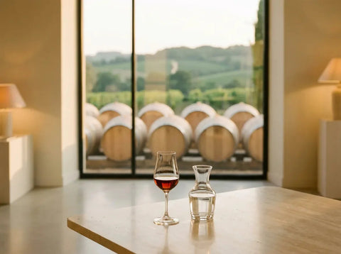 Verre tulipe d'armagnac acajou et carafe d'eau dans une salle de dégustation, fûts de chêne rangés dans un chai gascon en arrière-plan.