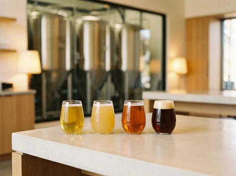 Quatre bières alignées, blonde dorée, blanche trouble, ambrée cuivrée et brune, dans la salle de dégustation d'une brasserie artisanale.