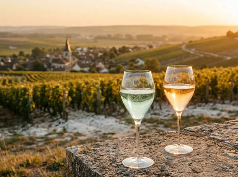 Deux verres de champagne, l'un paille pâle, l'autre doré pâle, face aux coteaux crayeux du vignoble champenois au couchant.