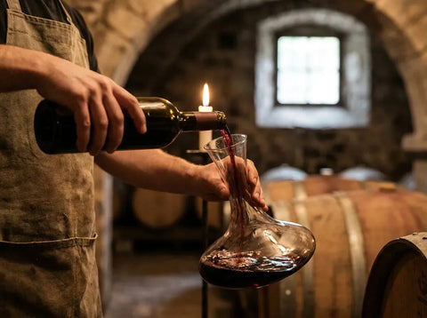 Vin rouge versé lentement d'une bouteille dans une carafe en cristal, bougie derrière le goulot, cave sombre