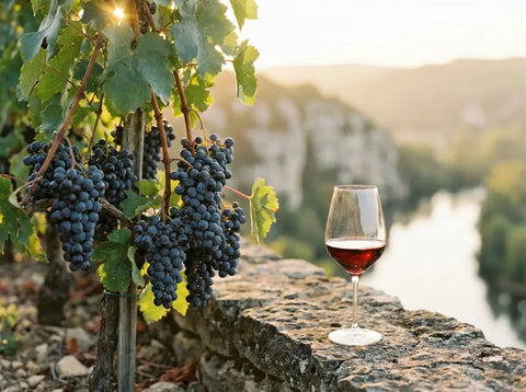 Grappes de malbec mûres aux baies bleu noir sur la vigne, au-dessus de la vallée du Lot, avec un verre de vin rouge grenat sur un muret.
