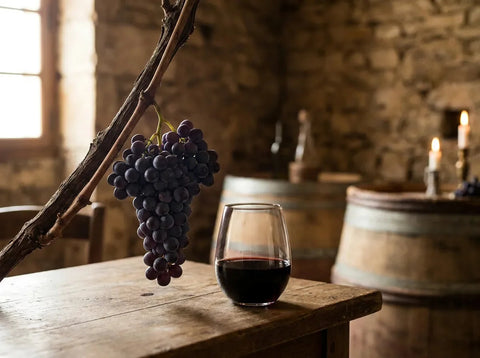 Grappe de raisin malbec violet foncé sur la vigne à côté d'un verre de vin rouge sombre et intense