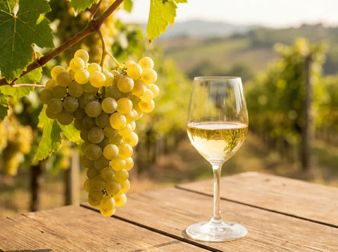 Grappe de raisin sémillon doré sur la vigne à côté d'un verre de vin blanc doré pâle, vignoble ensoleillé