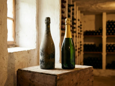 Vieille bouteille de champagne poussiéreuse à côté d'une bouteille fraîche dorée dans une cave de craie
