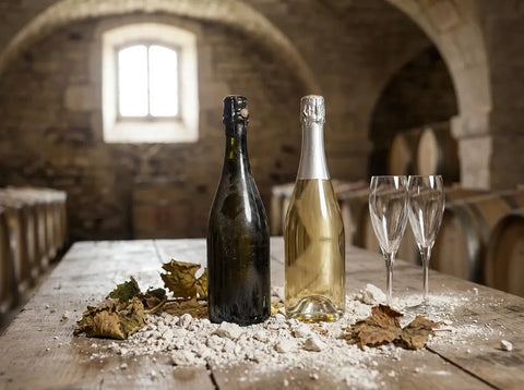 Deux bouteilles de champagne côte à côte avec deux flûtes dans une cave voûtée en pierre, sol crayeux