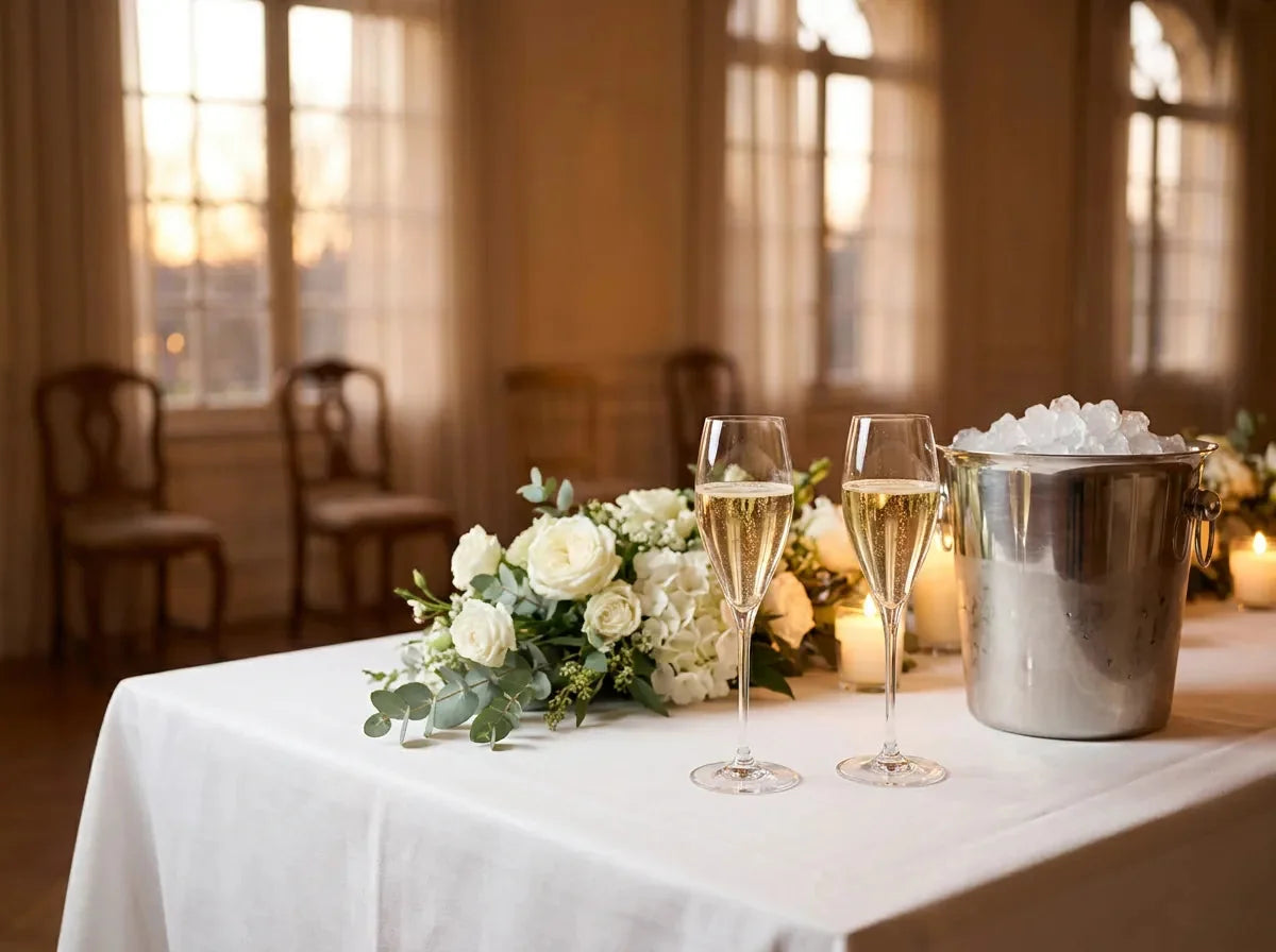 Table de fête élégante aux bougies : deux verres tulipes de vin effervescent doré côte à côte, un seau à glace en argent et des fleurs blanches.