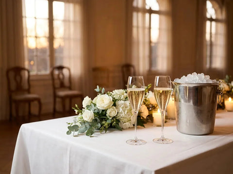 Table de fête élégante aux bougies : deux verres tulipes de vin effervescent doré côte à côte, un seau à glace en argent et des fleurs blanches.