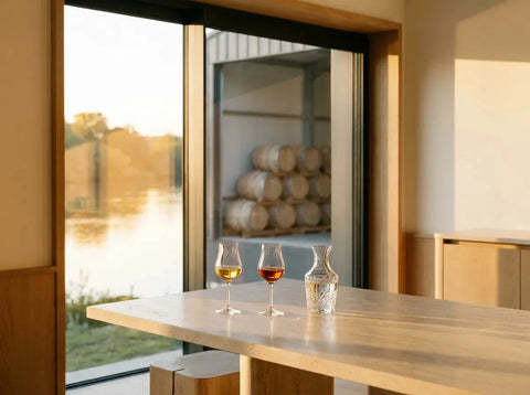 Deux verres tulipes de cognac aux ambres légèrement différents, carafe d'eau, Charente et fûts de chêne rangés en arrière-plan.