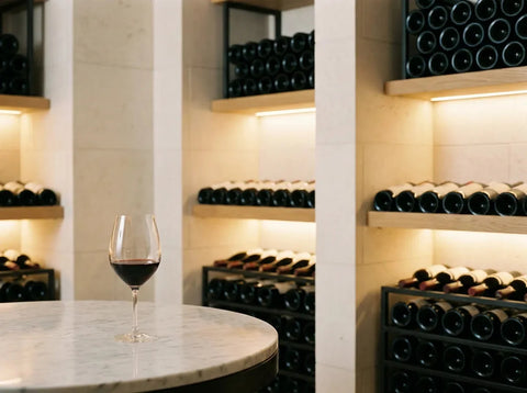 Cave à vin moderne aux murs de pierre claire et casiers soignés, bouteilles couchées, verre de vin rouge grenat évolué au premier plan.