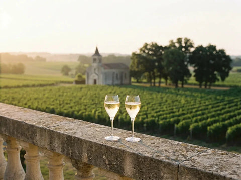 Deux verres de vin effervescent doré sur la balustrade d'un château bordelais, face aux coteaux de vignes de l'Entre-Deux-Mers au couchant.