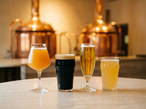 IPA trouble, stout noire à mousse crème, lager dorée et bière blanche côte à côte, devant des cuves de brassage en cuivre.
