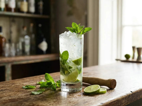 Mojito dans un grand verre avec glace pilée, menthe fraîche et citron vert, pilon en bois sur comptoir de bar