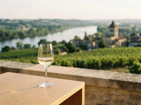 Coteaux de Montravel descendant vers la Dordogne au soleil couchant, clocher de village au loin, un verre de vin blanc sec doré au premier plan.