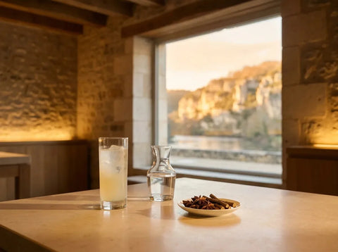 Verre de pastis troublé à l'eau, carafe et coupelle de badiane et de réglisse, avec la Dordogne et ses falaises calcaires par la fenêtre.