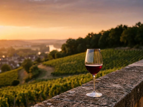 Coteaux de Pécharmant couronnés de bois au-dessus de Bergerac au couchant, avec un verre de vin rouge rubis grenat sur un parapet de pierre.