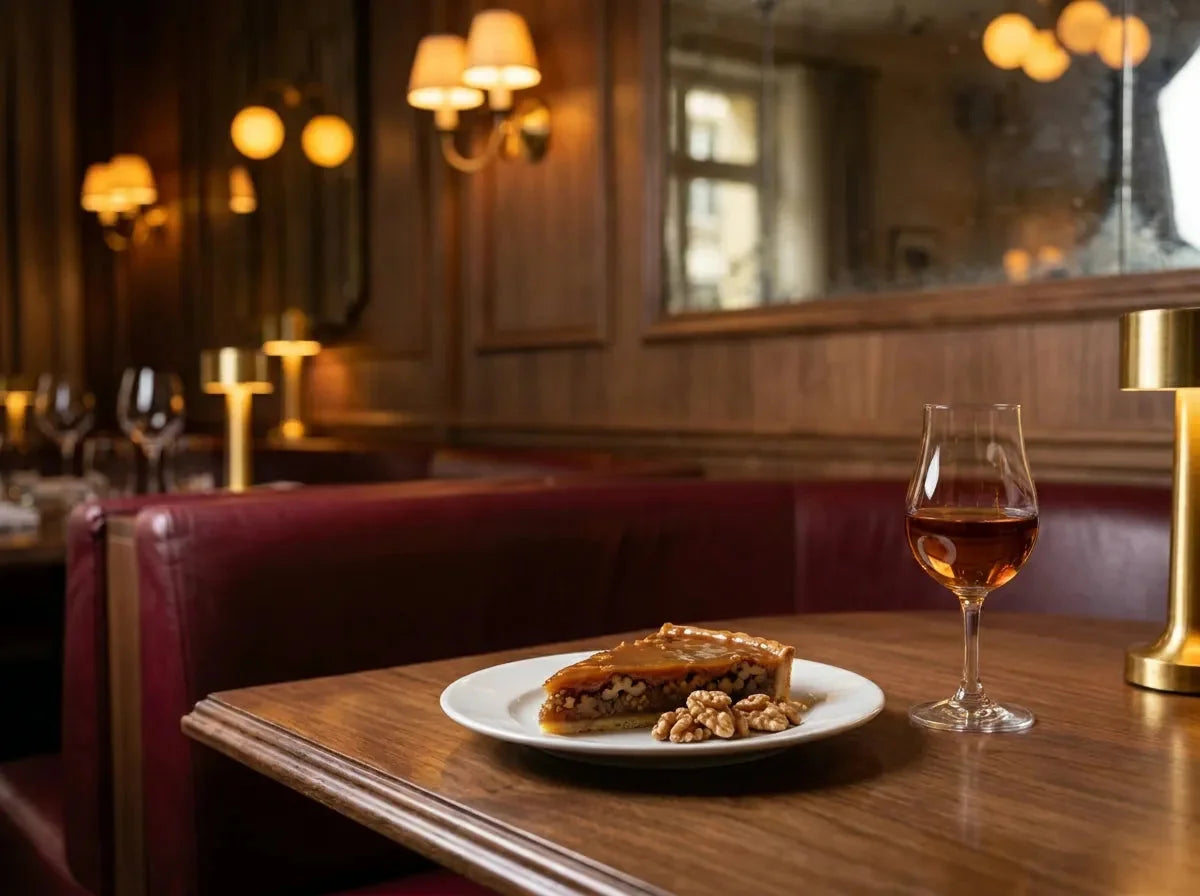 Un verre de porto tawny ambré à côté d'une part de tarte aux noix caramélisée et de quelques cerneaux de noix, dans un bistrot chic