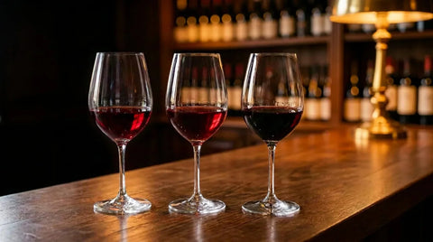 Trois verres de gamay alignés sur un comptoir de caviste en chêne, du rubis du Beaujolais au grenat presque noir d'un cru, dans la lumière chaude d'une lampe de laiton