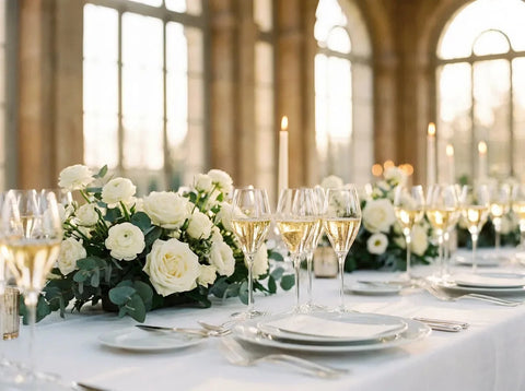 Table de mariage dressée dans une orangerie de château : nappe blanche, roses blanches et rangée de verres tulipes de champagne doré.