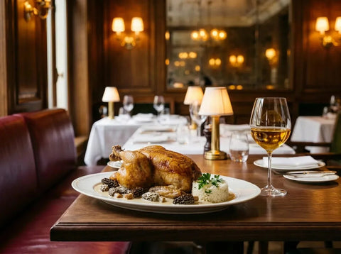 Poulet rôti aux morilles entières et sauce crème, avec du riz blanc, servi avec un verre de vin blanc jaune doré
