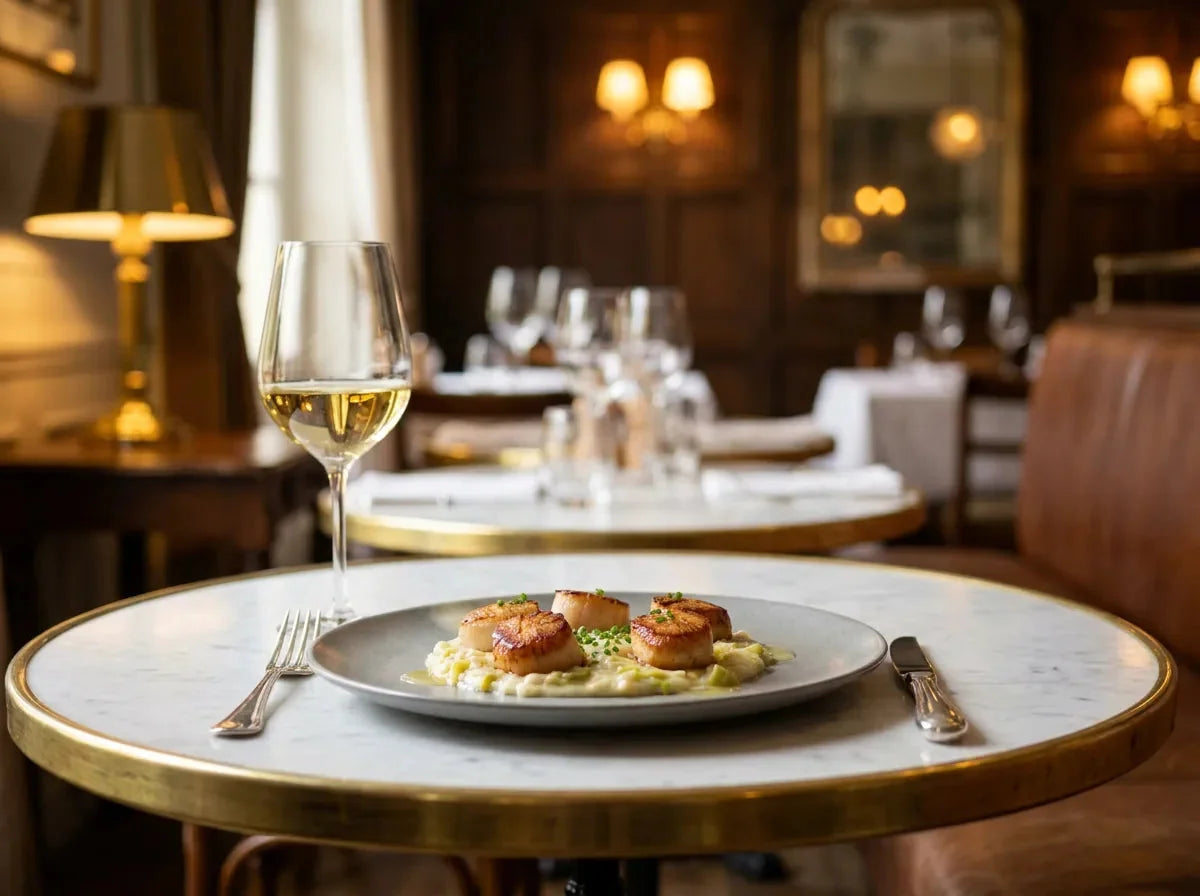 Noix de Saint-Jacques poêlées sur fondue de poireaux, servies sur un guéridon en marbre dans un bistrot chic, avec un verre de chardonnay doré