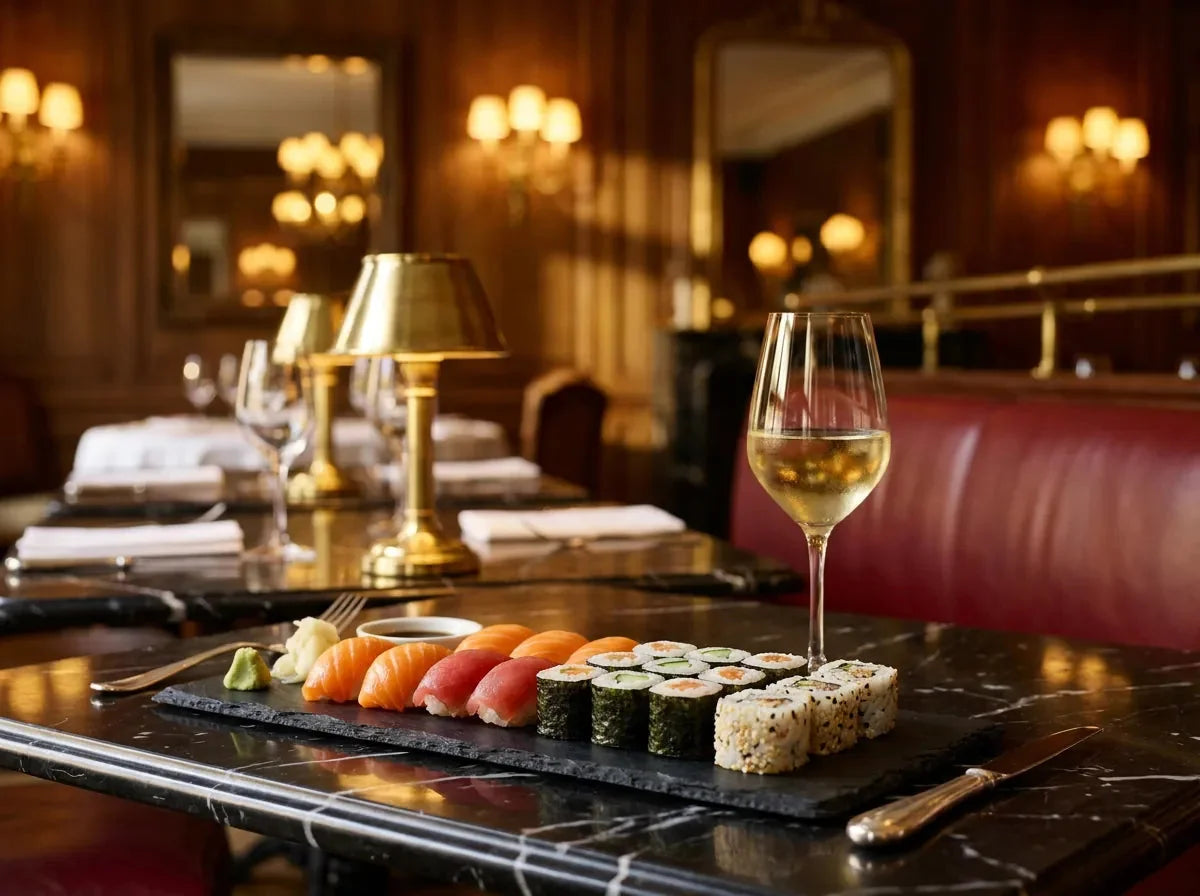 Plateau de sushis, nigiris au saumon et au thon, makis et california rolls sur une ardoise, avec un verre de vin blanc pâle, dans un bistrot chic