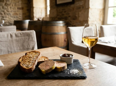 Tranches de foie gras sur pain grillé avec un verre de vin liquoreux doré, table de fête périgourdine