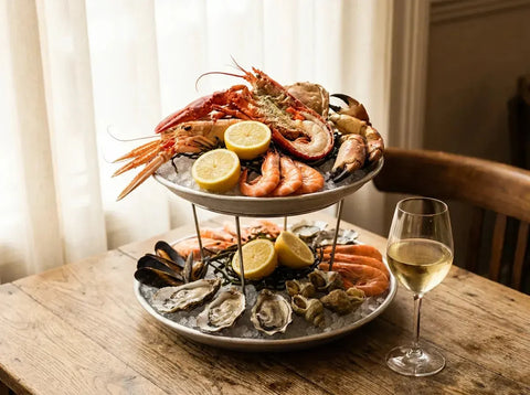 Plateau de fruits de mer étagé avec homard, langoustines, huîtres et bulots, verre de vin blanc vif