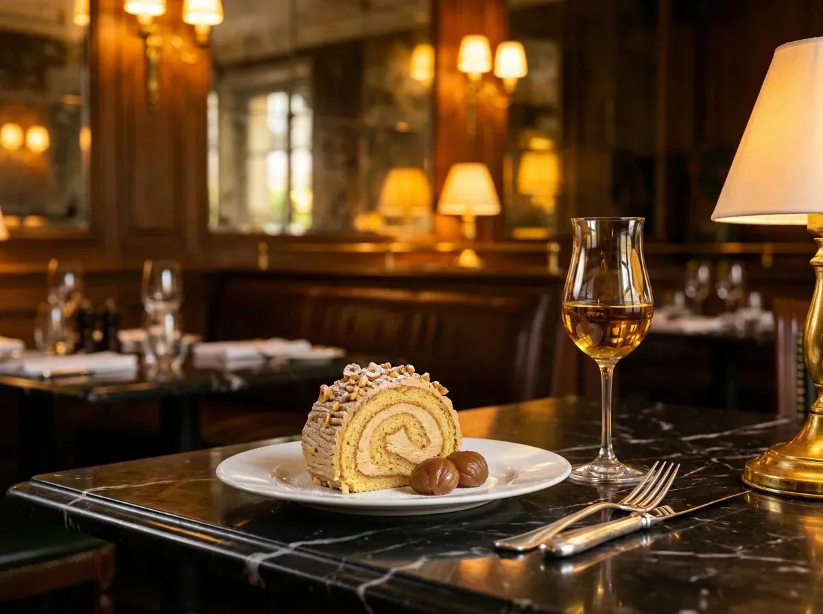 Part de bûche de Noël roulée au praliné sur une assiette blanche, noisettes et marrons glacés, avec un petit verre de vin moelleux doré, dans un bistrot chic