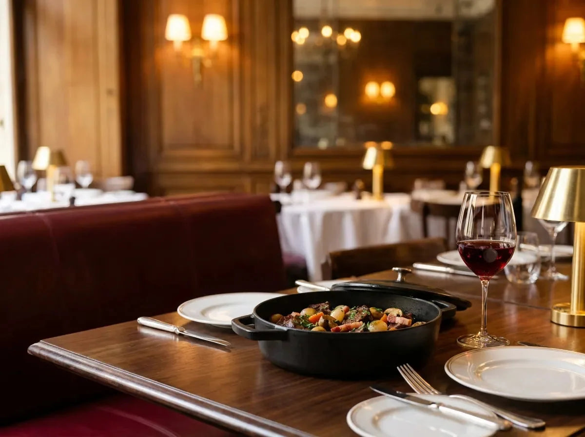 Cocotte de bœuf bourguignon aux champignons, petits oignons et lardons, avec un verre de vin rouge rubis, dans un bistrot chic